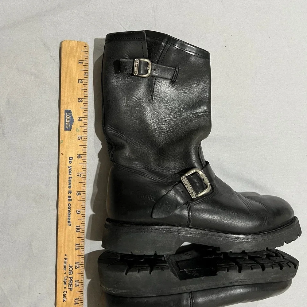 Moreno Mens Black Leather Biker Buckle Mid Calf Pull On Moto Boots Size 9 E